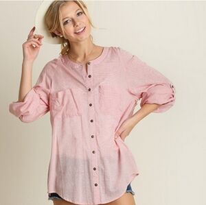 Umgee Women’s Pink Button Shirt Roll Tab Slv High Low Lace Boho Peasant Size S